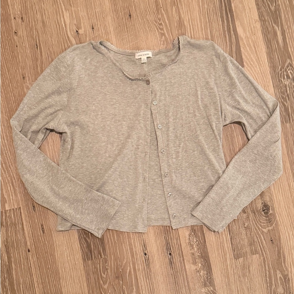 Pink Rose Gray Ribbed Top